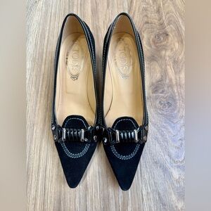 Tod’s Black Suede Patent Leather Buckle Detail Pumps Size 36.5